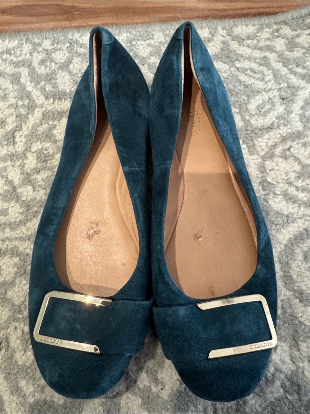 Coach Teal Suede Pointed Ballet Flats with Gold Hardware